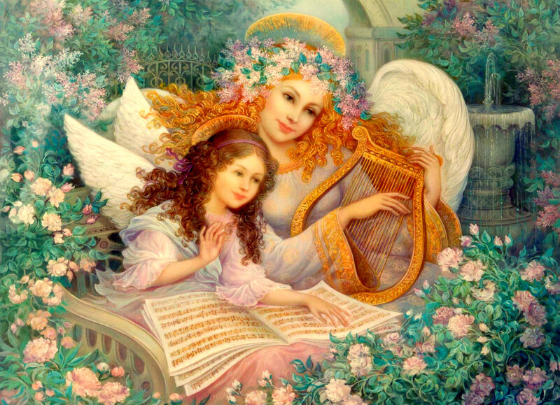 Angels with harp in garden