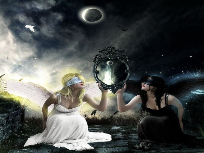 angels with mirror at night