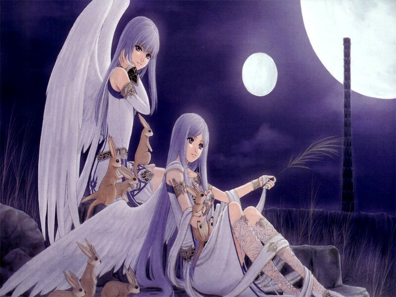 angels with rabbits under moonlight