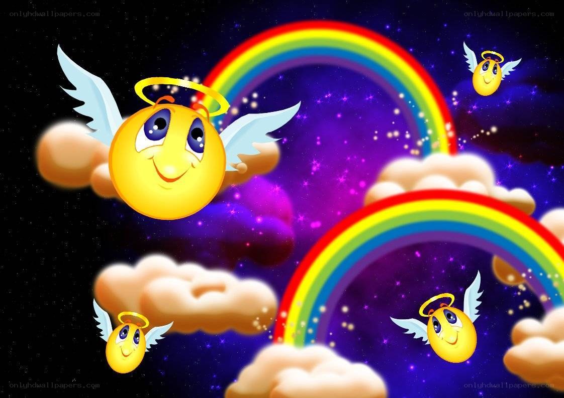 angels with rainbows in sky