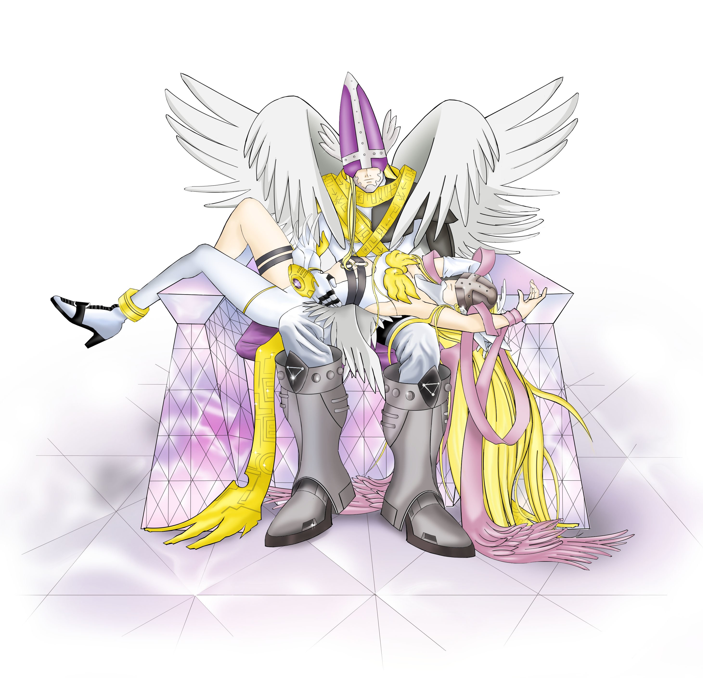 Angemon and Angewomon on a throne
