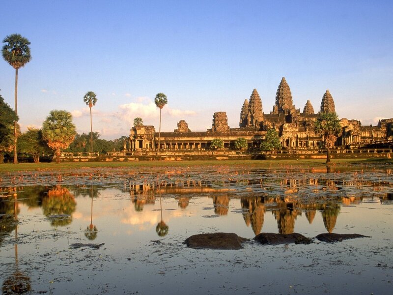 Angkor Wat Temple — Blue, Serene, Morning, Photograph, Palm Trees, Pond