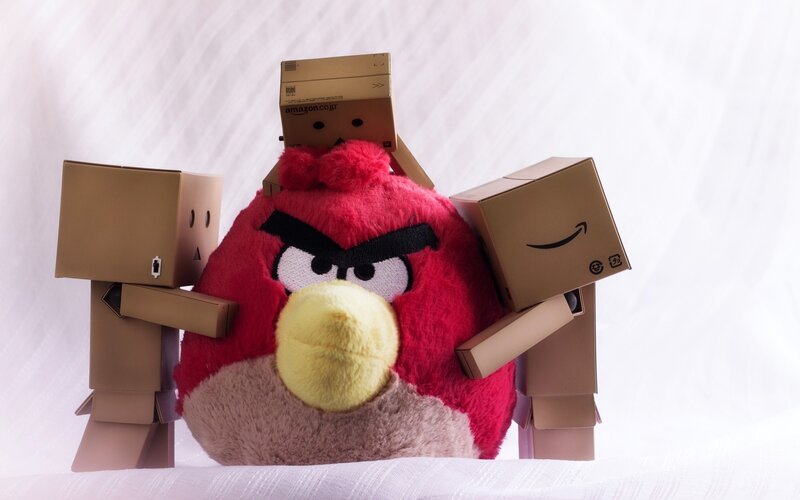 Angry Birds plush with cardboard robots
