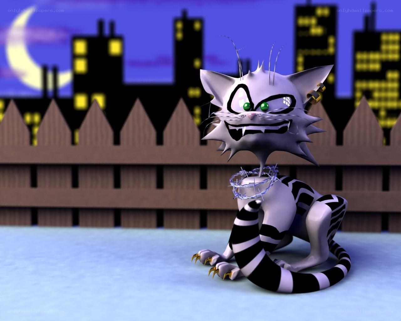 angry cartoon cat at night