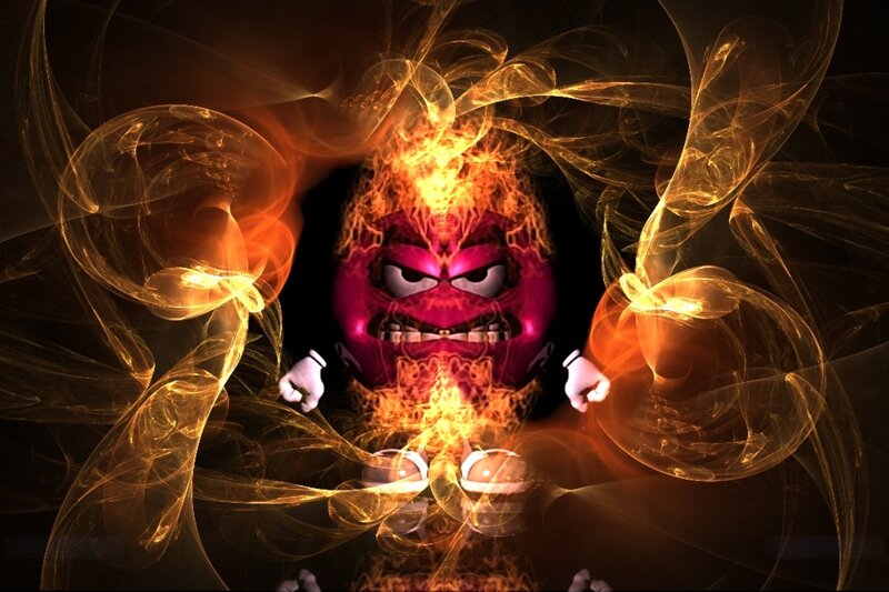 angry character with fire aura