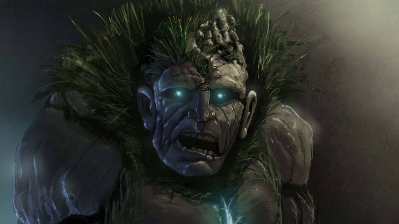 angry green monster with glowing eyes
