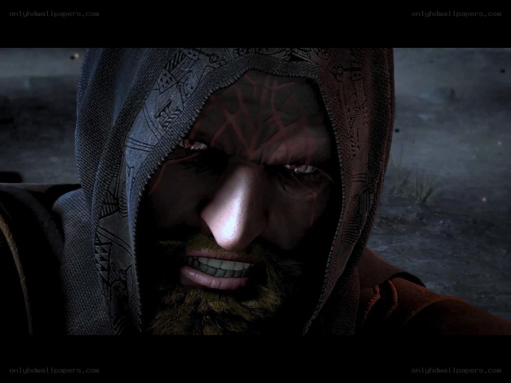 angry hooded character close-up