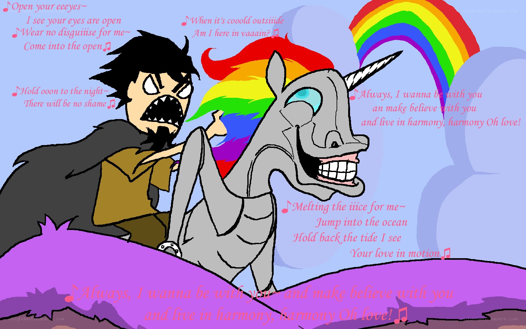 angry man on rainbow unicorn