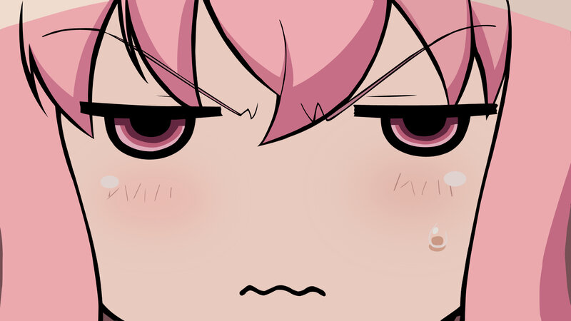 angry pink-haired anime character