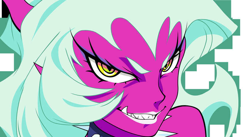 angry purple character close-up