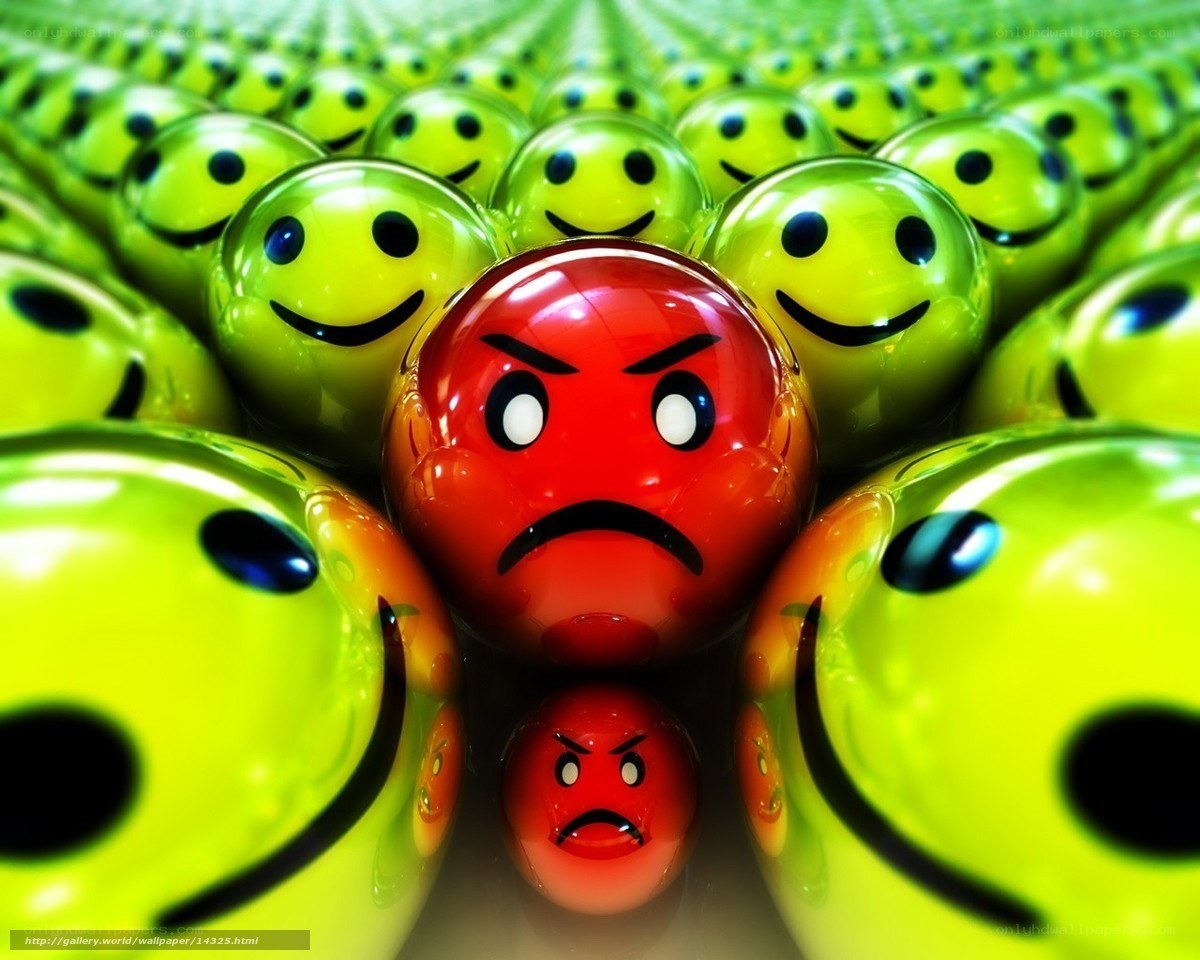 angry red ball among green smileys
