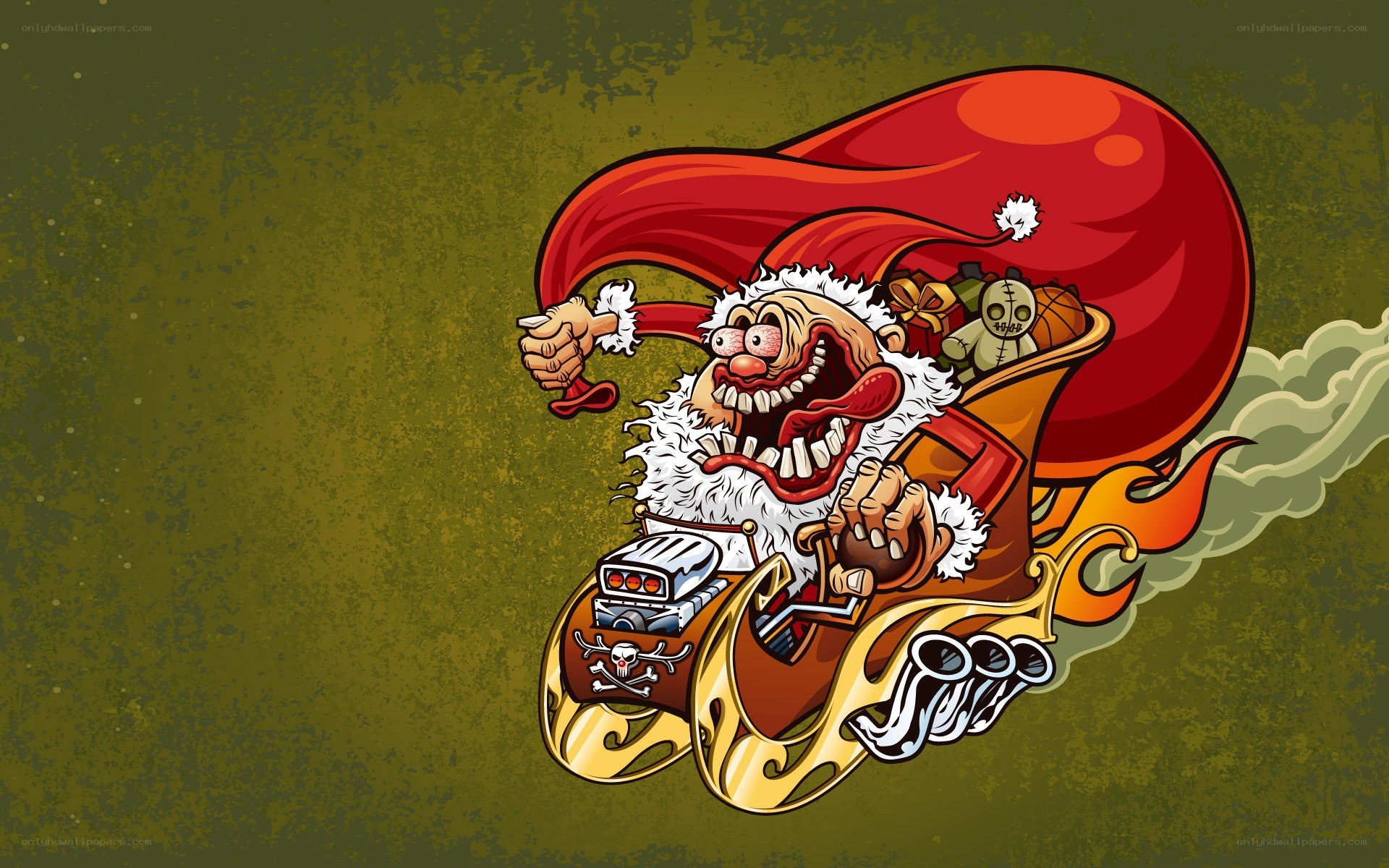 angry santa in hot rod sleigh