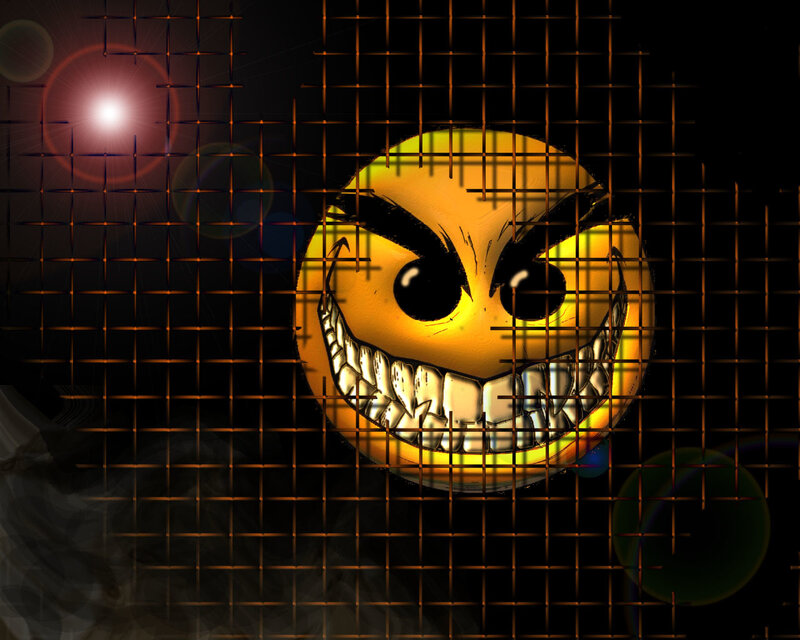 angry smiley behind grid