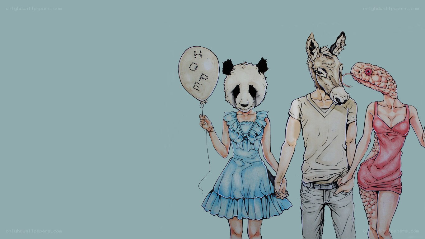 animal-headed people holding hands