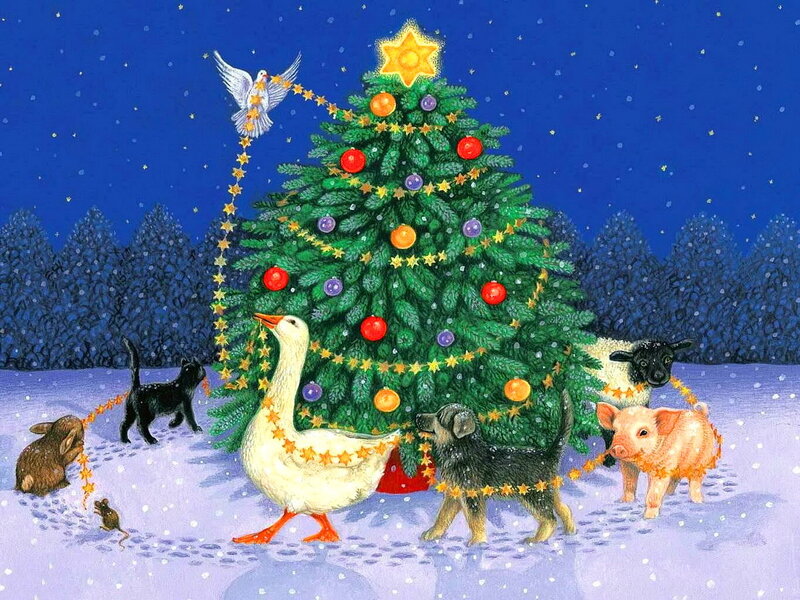 Animals Around Christmas Tree — Green, Festive, Night