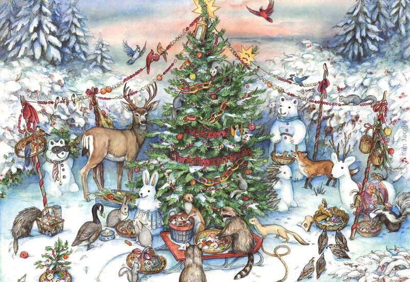 Animals Around Christmas Tree — Green