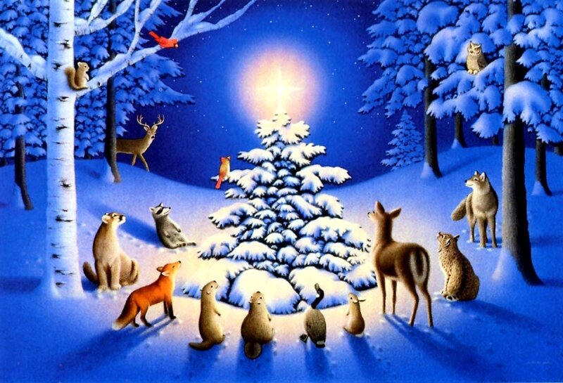 Animals Around Christmas Tree
