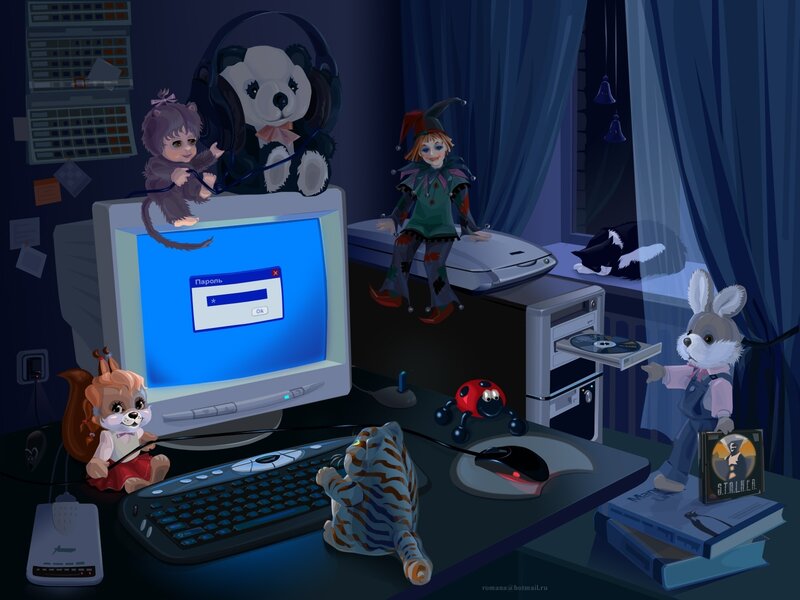 Animals at a computer desk