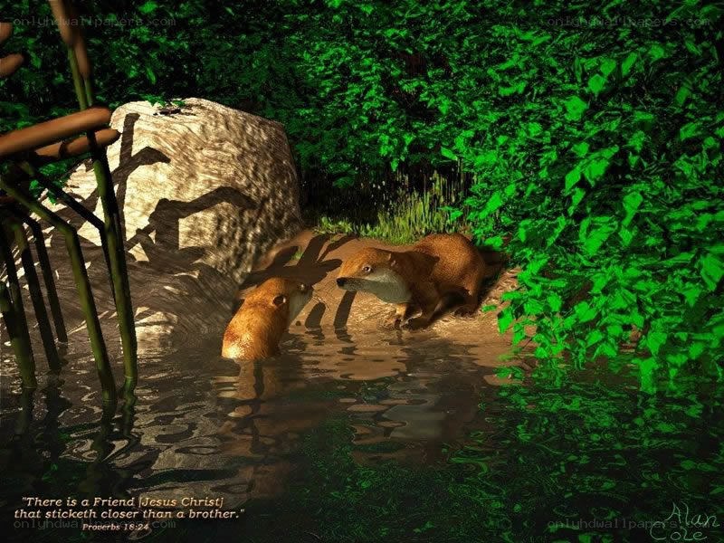 Animals by a stream