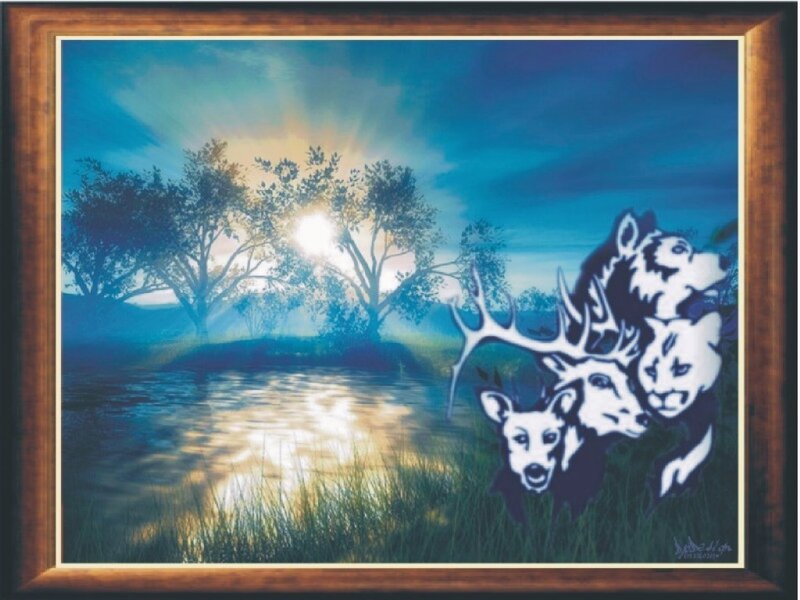 Animals by the river at dawn