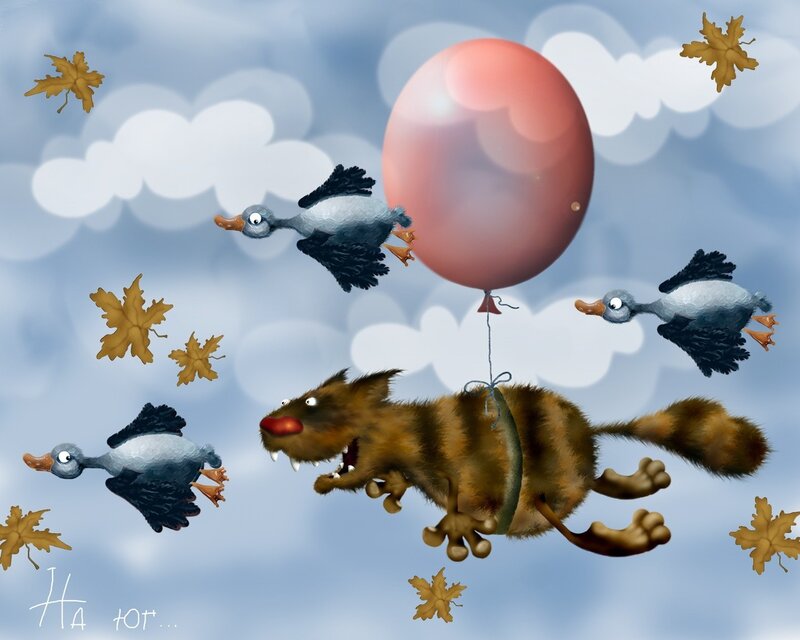 animals flying with balloon