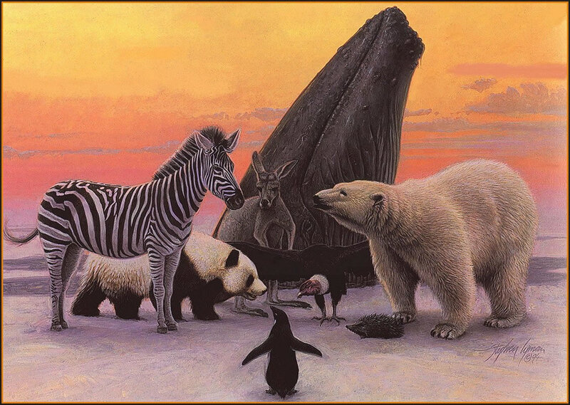 Animals gathered at sunset