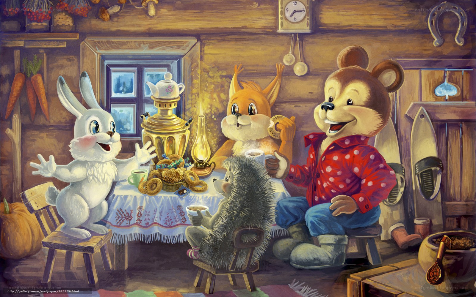 Animals having tea in a cabin