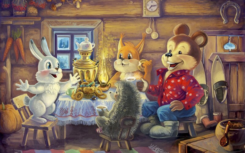 Animals having tea in a cabin
