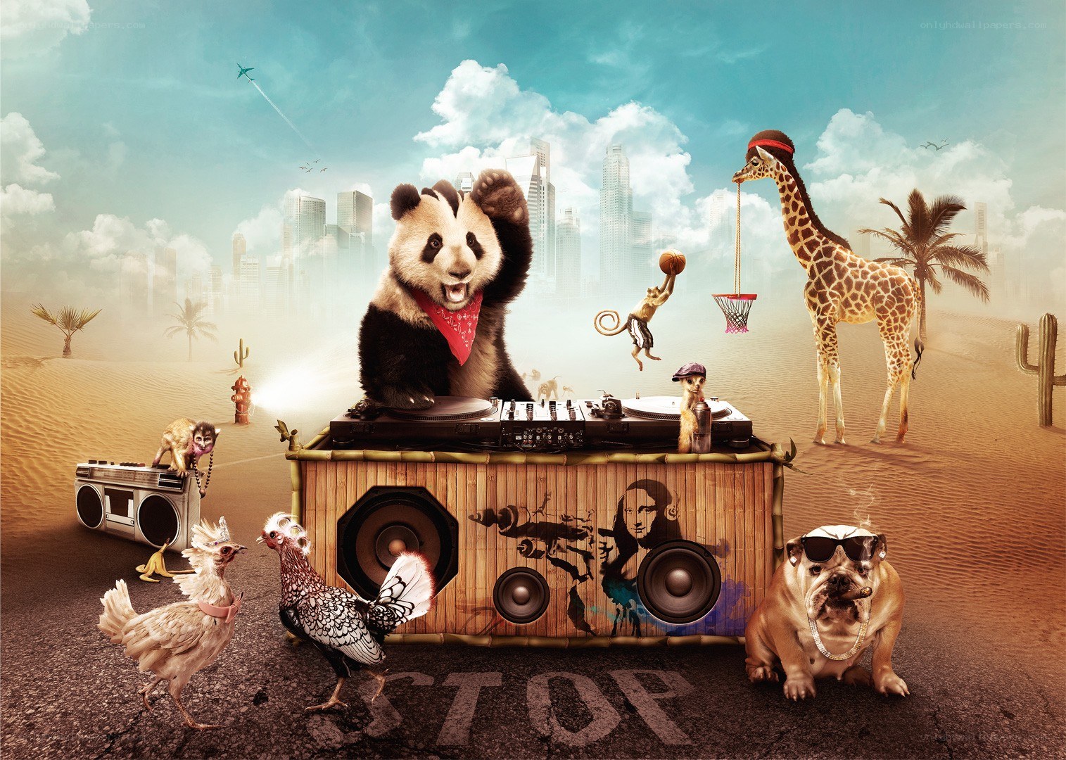 Animals in a desert DJ party