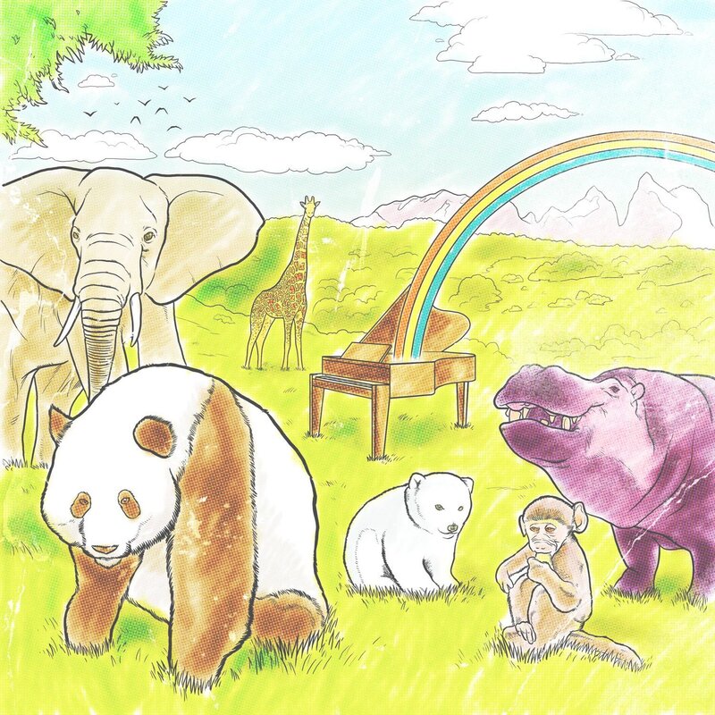 Animals in a rainbow field