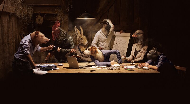 Animals in Business Meeting — Brown, Dramatic
