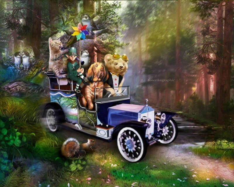 Animals in Vintage Car