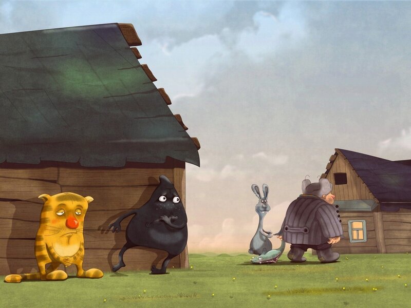 Animals near a wooden house