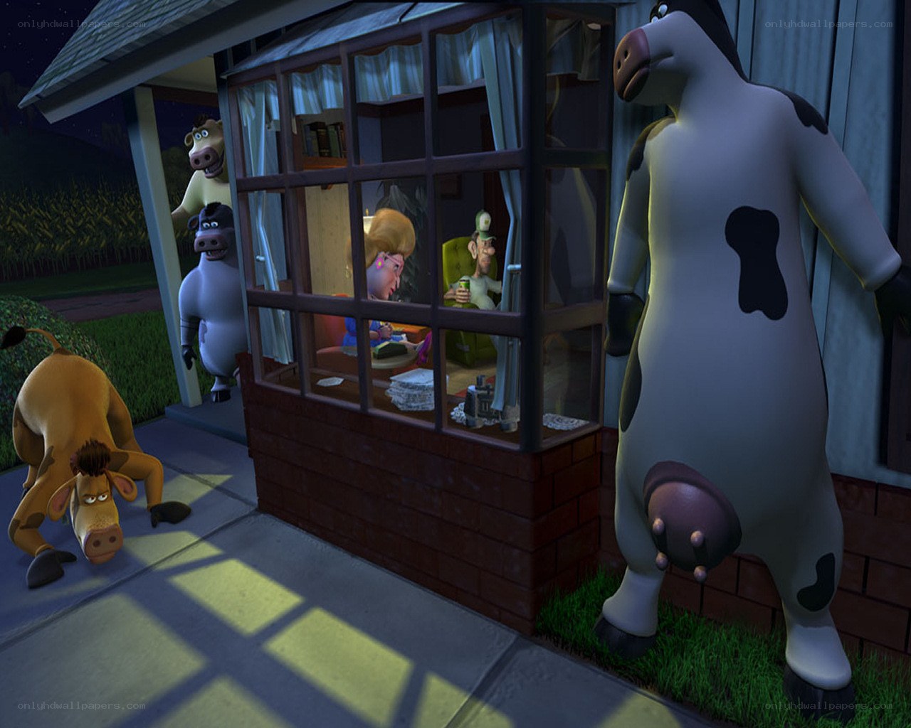 Animals outside a house at night