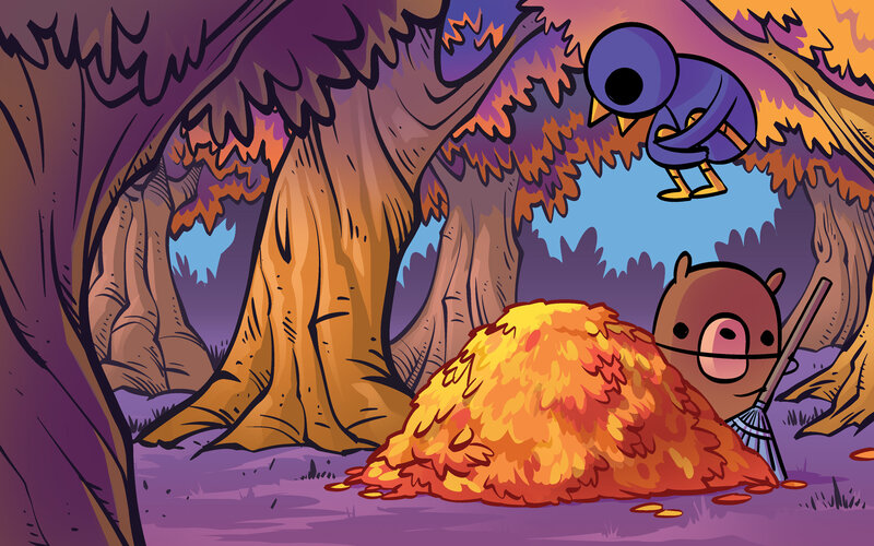 Animals raking leaves