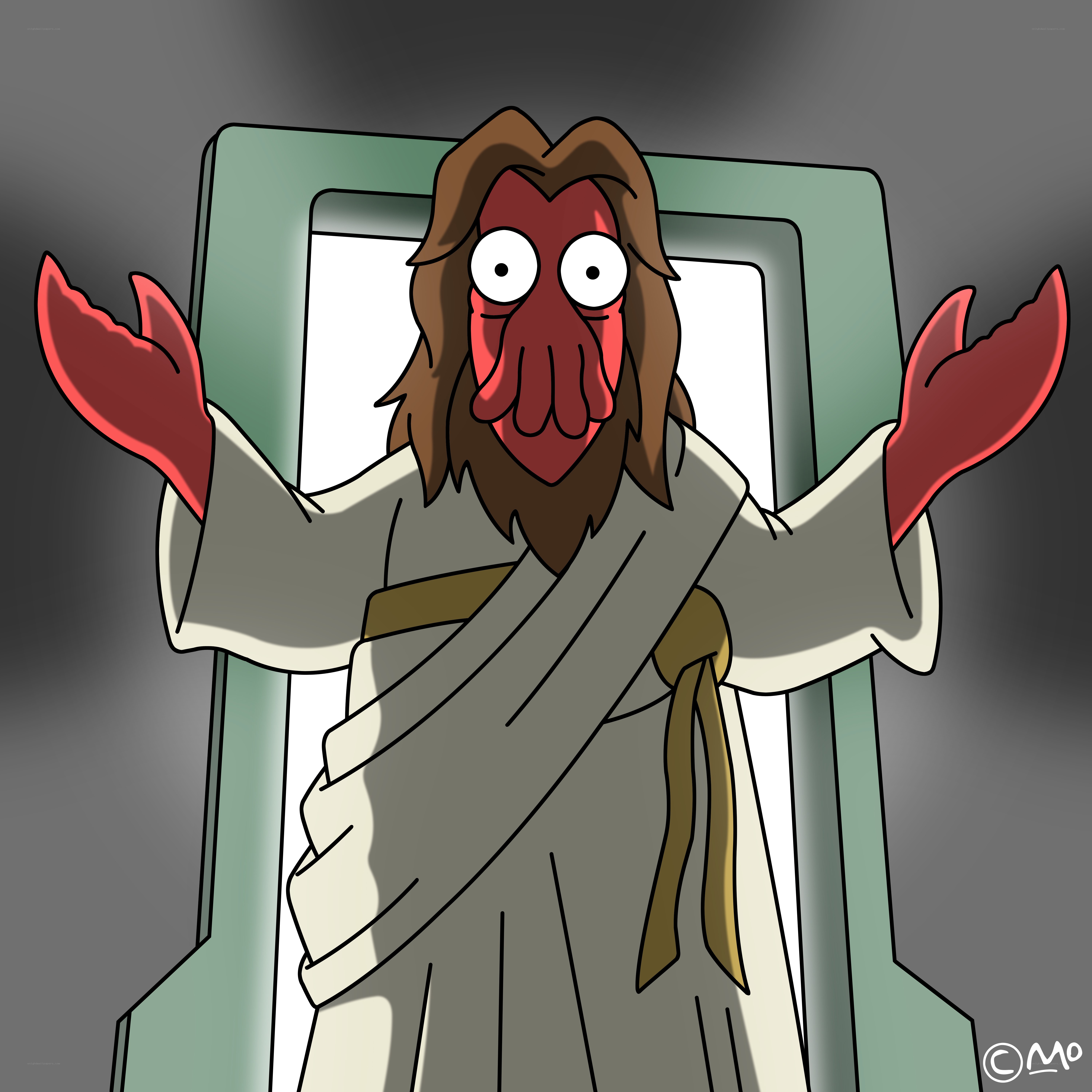 animated alien character in robe