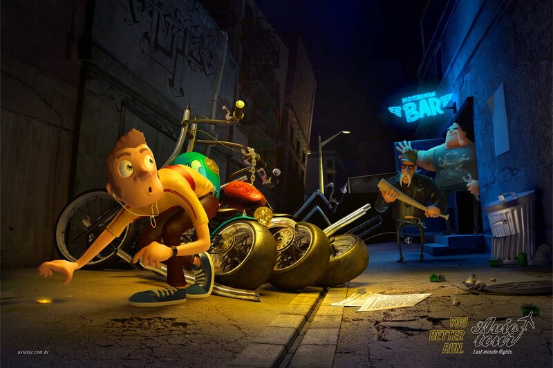 Animated alleyway scene with motorcycle