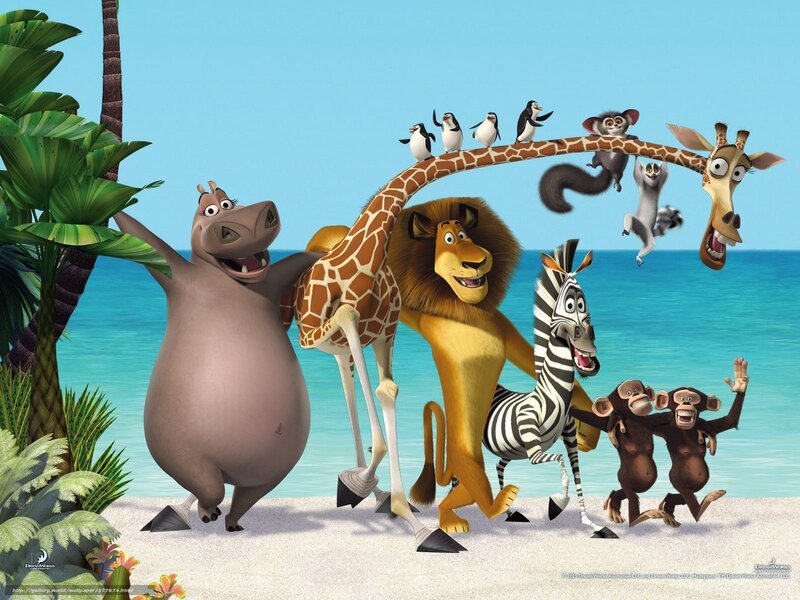 Animated Animals on Beach — Blue, Playful, Afternoon