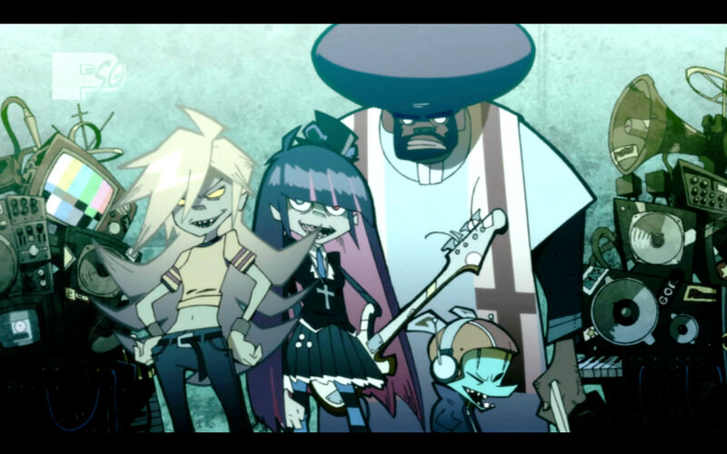 animated band with musical gear