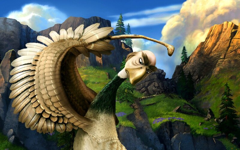 Animated bird character in mountain landscape