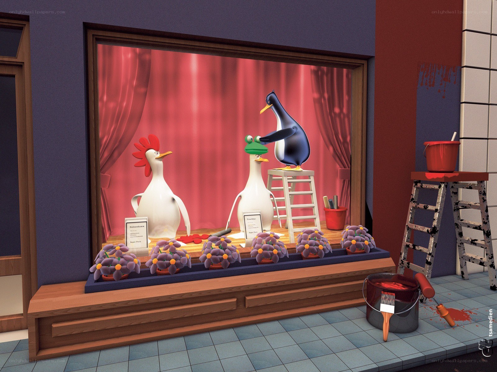 Animated birds in a shop window
