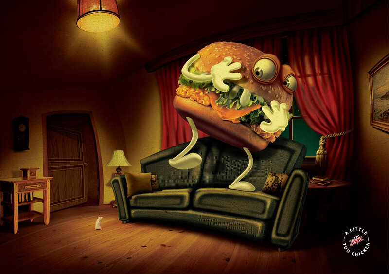 animated burger character in living room