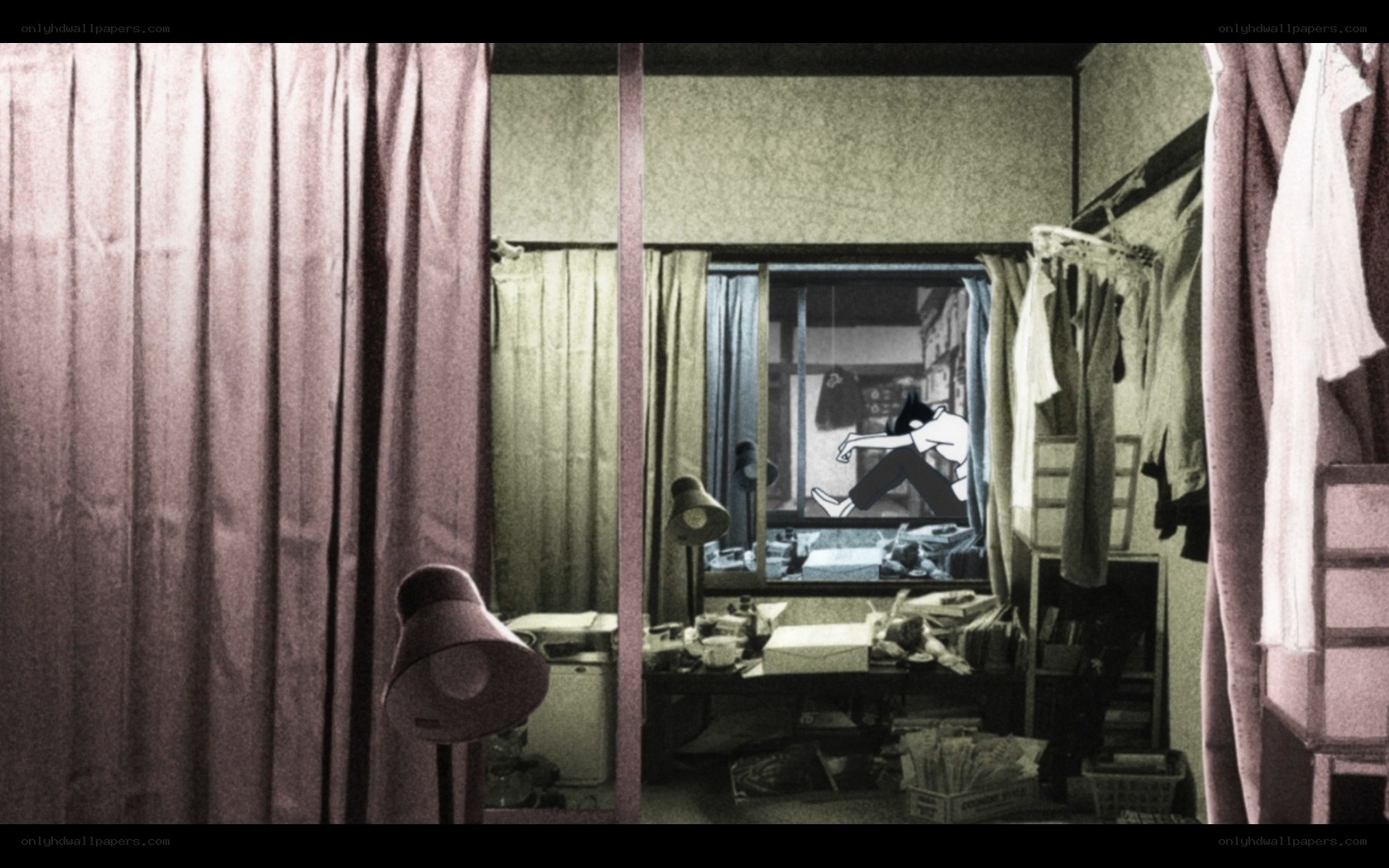 Animated character in cluttered room