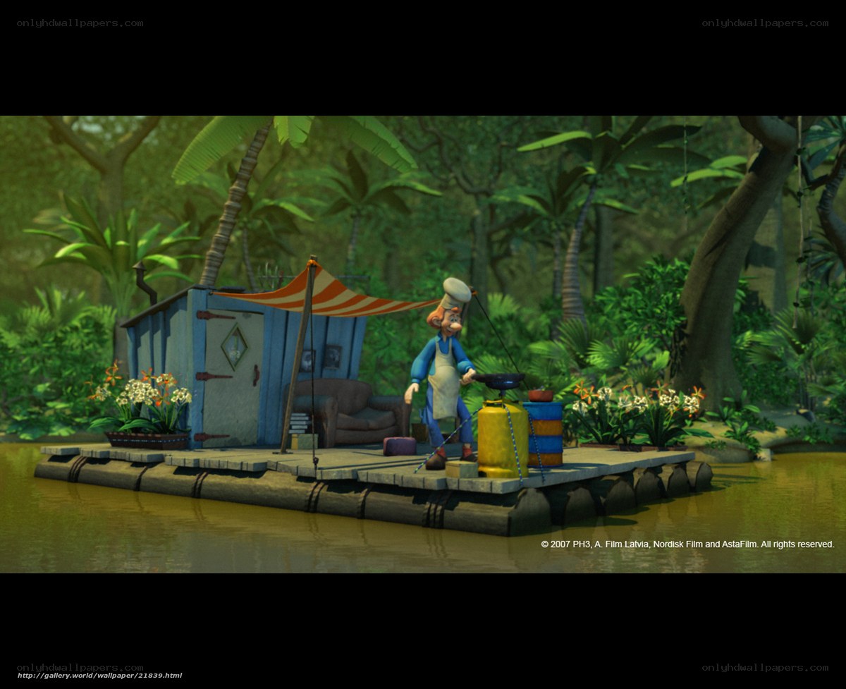 Animated character on a raft