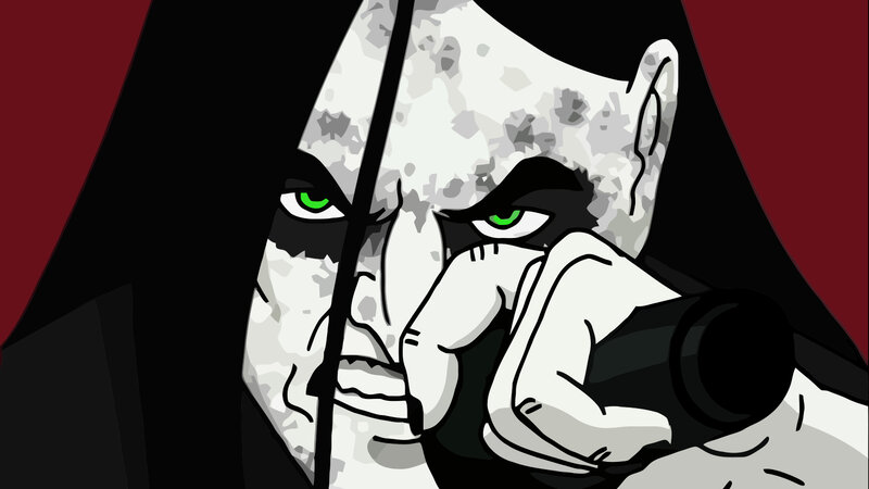 animated character with green eyes