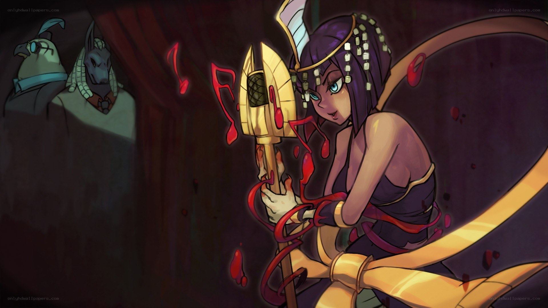 Animated character with staff and blood