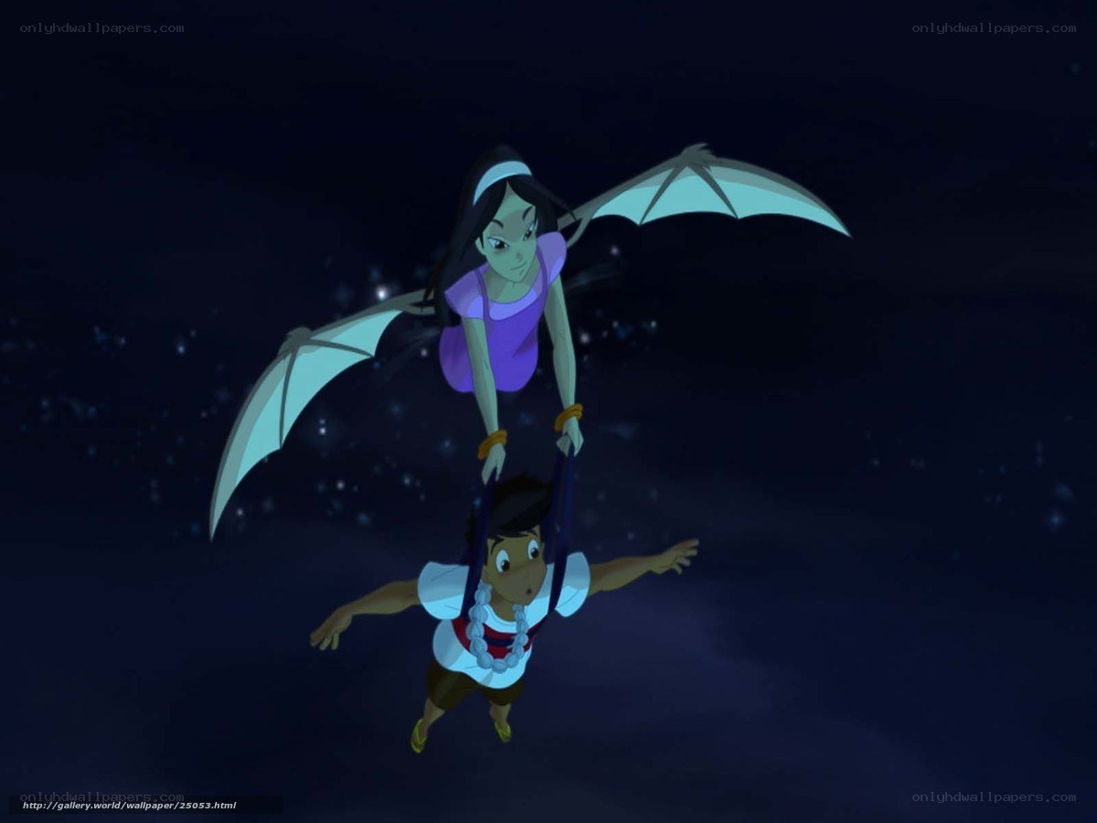 Animated characters flying at night