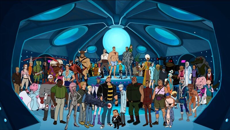 Animated characters in a futuristic hall