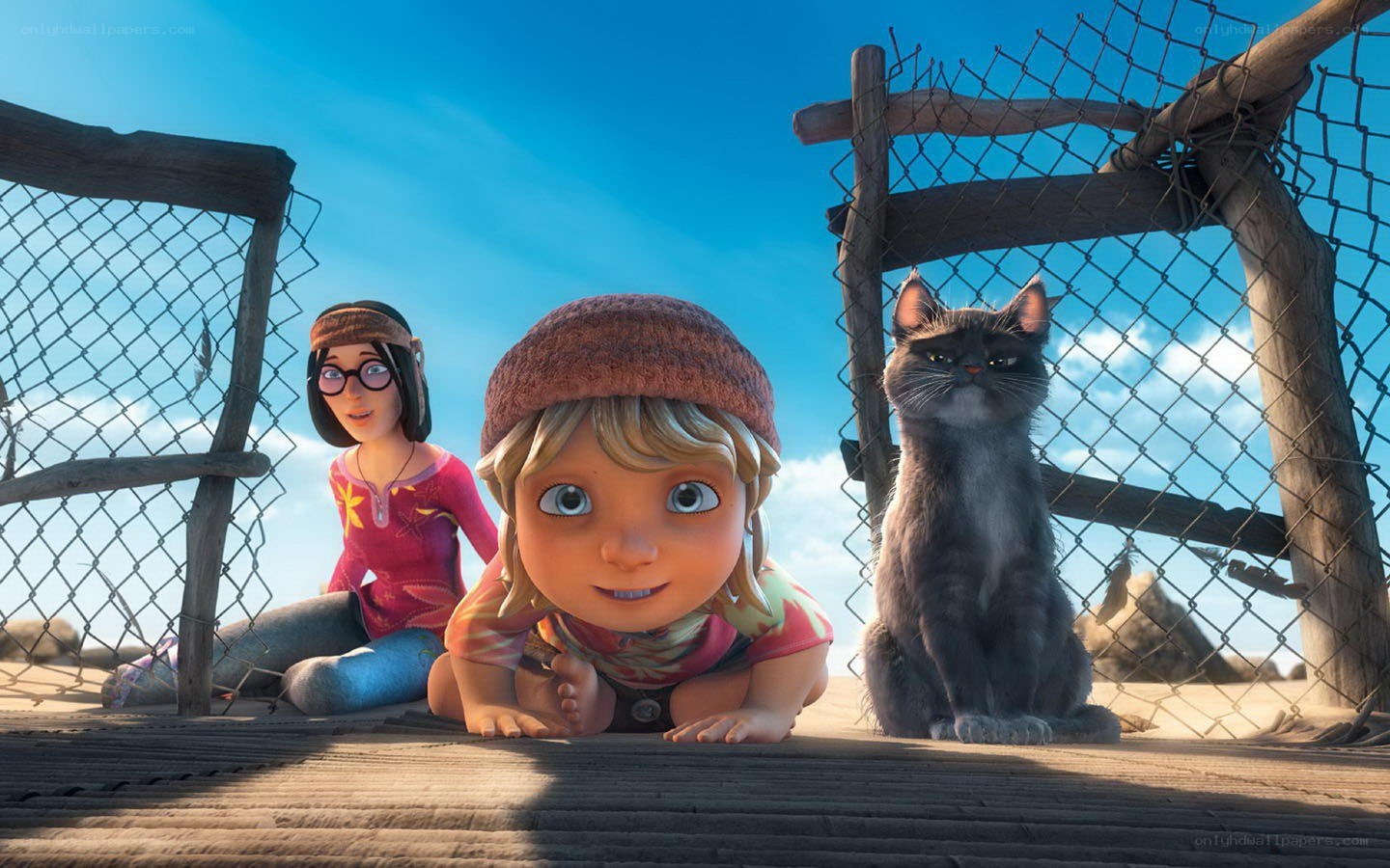 animated children and cat on dock