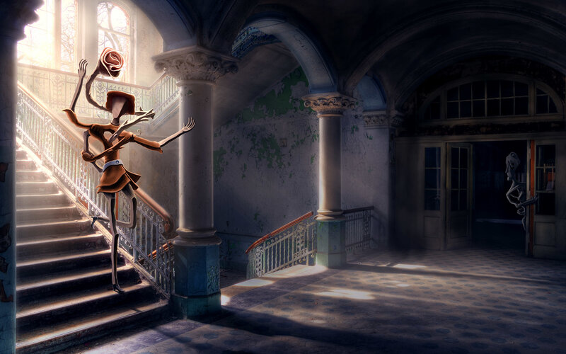 Animated figure on a grand staircase